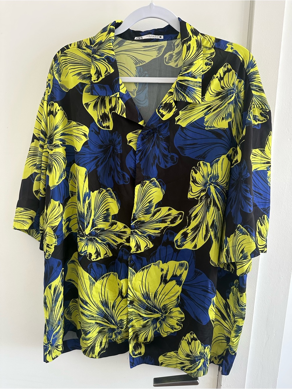 Zara Black Button-Down Shirt with Yellow & Blue Floral Print